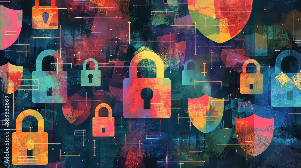 Poster online security: a digital padlock surrounded by cybersecurity symbols like shields and encrypted da