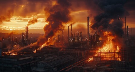 Large Fire Erupts at Industrial Complex During Sunset
