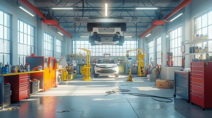 Fototapeta premium Modern Electric Car Maintenance in Brightly Lit Auto Repair Shop Embracing Sustainable Technology Innovation