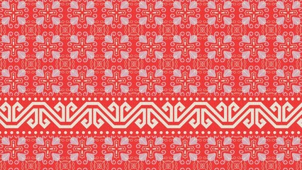 a red and white pattern with a white border Thai fabric pattern