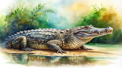 Obraz premium Watercolor of a majestic crocodile in a natural habitat , wildlife, animal, predator, reptile, watercolor,art, nature