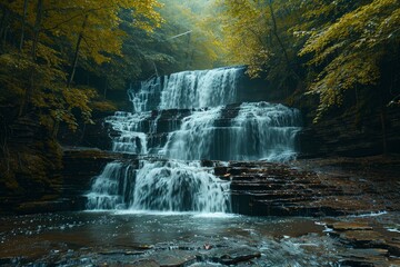 Tranquil waterfalls harmoniously blending with the verdant allure of a dense forest environment