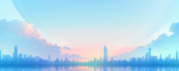 Fototapeta premium 雲と水の上の都市のスカイライン イラスト 背景