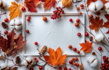 Autumnal White Background With Orange Leaves, Cotton, and Pine Cones