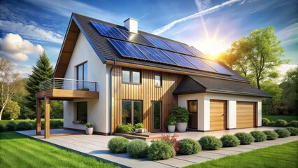 Obraz premium Sustainable modern house with solar panels and heat pump , sustainable, modern, house, building