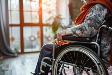 Obraz premium person in a wheelchair is sitting in a living room. The room is furnished with a couch and a potted plant. The atmosphere of the image is calm and peaceful