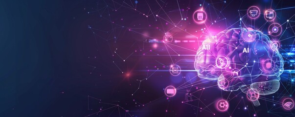 Purple digital brain with connected icons representing artificial intelligence and technology in a network