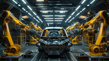 Fototapeta premium Automotive Innovation Robots at Work in Futuristic Factory