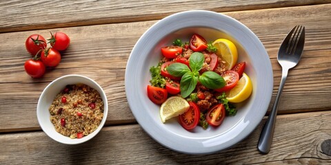 Fresh tomato salad with basil, parsley, and lemon wedges, served with a side of quinoa. Perfect for a vegan diet.