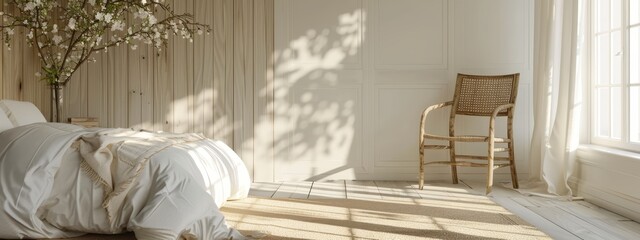  A room featuring a bed with a white comforter and a wooden chair against wood-panelled walls and flooring