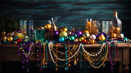 Naklejka premium Colorful Mardi Gras beads and glassware displayed on a table.