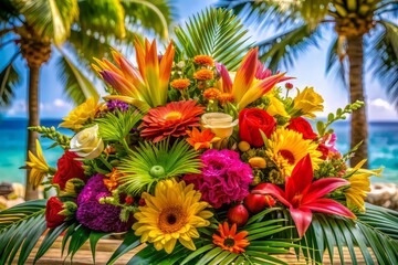 Fototapeta premium Vivid Summer Colors Burst Against Textured Palm Tree Backdrop, Showcasing A Vibrant Dance Of Exotic Foliage And Enchanting Flowers.