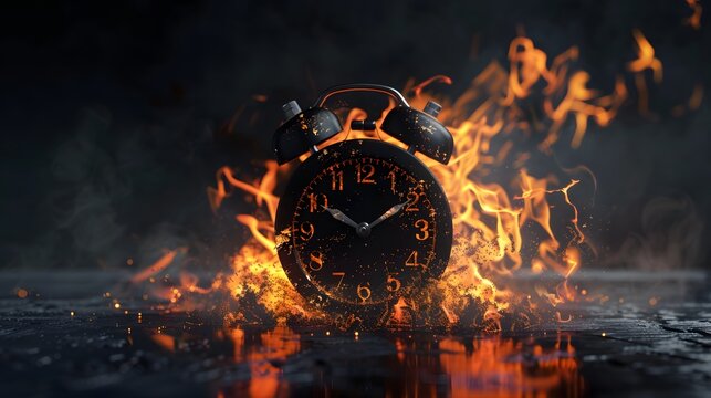 burning alarm clock exploding in flames concept of urgency and deadline pressure