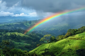 Professional award-winning photo of vibrant rainbow arching over lush green hills on Francesca's farm in Costa Rica, showcasing scenic beauty and natural wonder.