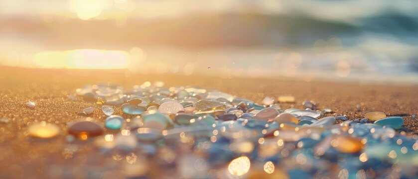 Colorful pebbles and sea glass on a sandy beach at sunrise, with ocean waves in the background creating a serene coastal atmosphere.
