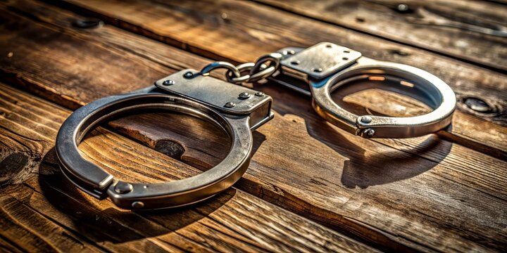 Metallic handcuffs lying open on a worn, wooden table, with a subtle shadow, creating a sense of eeriness and uncertainty in a deserted setting.