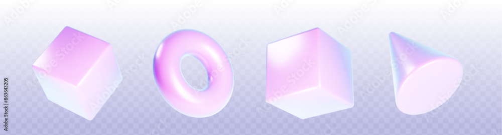 Poster 3d set of holographic geometric objects isolated on transparent background. vector realistic illustr
