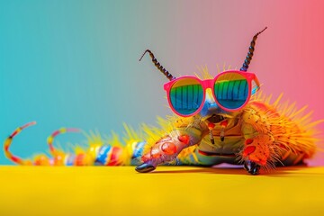 A humorous caterpillar with sunglasses in a brightly colored studio background
