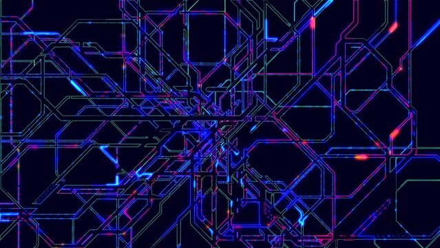 Animation of electronic subway map neon lines move along a given route and create a schematic animation. Transport interchange. Glowing electronic lines with circuit structure. 3D rendering. 4K