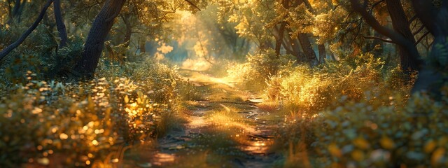 Obraz premium A path in the forest, lined with numerous trees and bushes on both sides, reveals a beaming light penetrating through the foliage