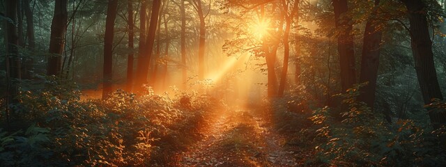 Naklejka premium Bright sun pierces through trees in foggy, wooded area Trail visible in foreground