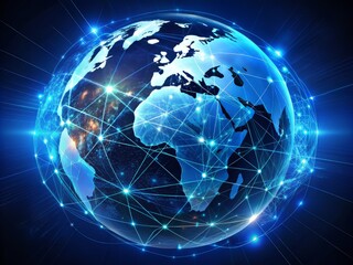 Glowing blue lines and dots connecting major cities on a dark blue globe, symbolizing global network connection and communication across the world.