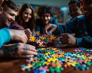 Collaborative puzzle solving  diverse group assembling colorful pieces in softly lit ambiance