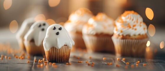 Festive Halloween cupcakes decorated with cute ghost faces and autumn sprinkles, perfect for seasonal celebrations and spooky treats.