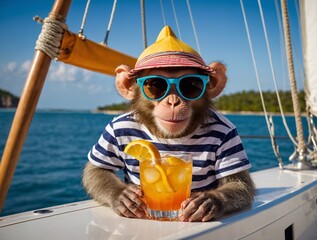 Funny monkey on a yacht with a tropical cocktail. Concept: sailing, sailing boat driving lessons, island hopping, active recreation.