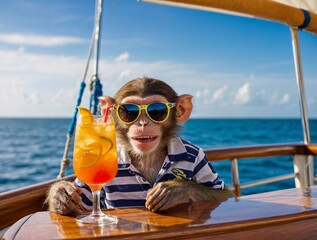 Funny monkey on a yacht with a tropical cocktail. Concept: sailing, sailing boat driving lessons, island hopping, active recreation.