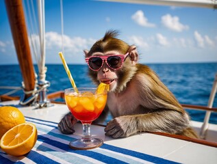 Funny monkey on a yacht with a tropical cocktail. Concept: sailing, sailing boat driving lessons, island hopping, active recreation.