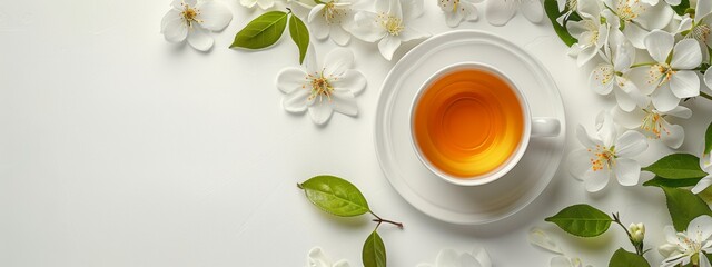  Overhead view of a steaming cup of tea against a pristine white backdrop Surrounding it, delicate white flowers and lush green leaves unfurl invitingly Am
