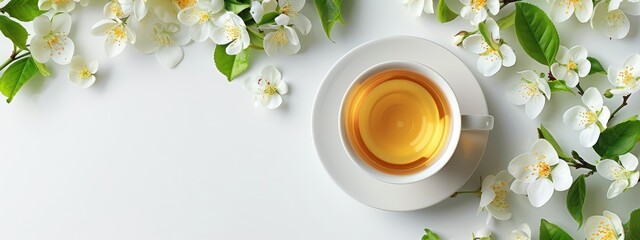  A cup of tea on a white tabletop A white plate holds the tea Nearby, a cluster of white flowers adorns the surface