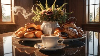 A picture-perfect scene of a cozy coffee and pastry setup on a marble surface. A steaming cup of coffee is accompanied by a variety of delicious-looking pastries, including croissants and doughnuts. F