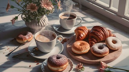 A picture-perfect scene of a cozy coffee and pastry setup on a marble surface. A steaming cup of coffee is accompanied by a variety of delicious-looking pastries, including croissants and doughnuts. F