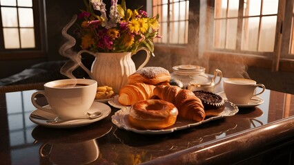 A picture-perfect scene of a cozy coffee and pastry setup on a marble surface. A steaming cup of coffee is accompanied by a variety of delicious-looking pastries, including croissants and doughnuts. F
