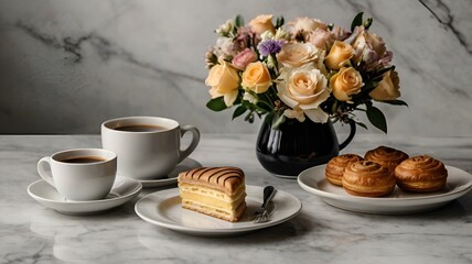 A picture-perfect scene of a cozy coffee and pastry setup on a marble surface. A steaming cup of coffee is accompanied by a variety of delicious-looking pastries, including croissants and doughnuts. F