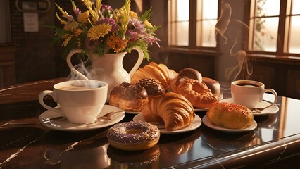 A picture-perfect scene of a cozy coffee and pastry setup on a marble surface. A steaming cup of coffee is accompanied by a variety of delicious-looking pastries, including croissants and doughnuts. F