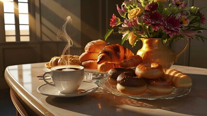 A picture-perfect scene of a cozy coffee and pastry setup on a marble surface. A steaming cup of coffee is accompanied by a variety of delicious-looking pastries, including croissants and doughnuts. F