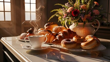 A picture-perfect scene of a cozy coffee and pastry setup on a marble surface. A steaming cup of coffee is accompanied by a variety of delicious-looking pastries, including croissants and doughnuts. F