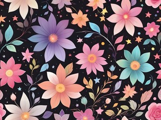 Generative AI. Background pattern Colorful flowers and stars