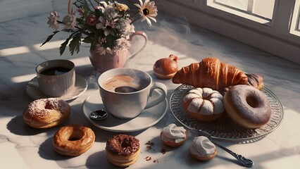 A picture-perfect scene of a cozy coffee and pastry setup on a marble surface. A steaming cup of coffee is accompanied by a variety of delicious-looking pastries, including croissants and doughnuts. F