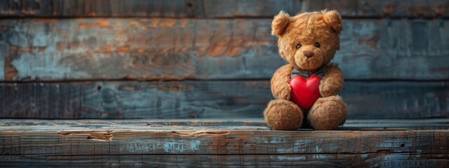 Obraz premium A bear cradles a red heart on a weathered wooden plank, the heart resting atop a piece of wood