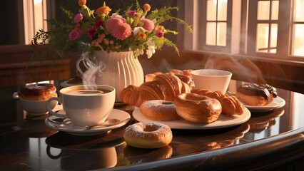 A picture-perfect scene of a cozy coffee and pastry setup on a marble surface. A steaming cup of coffee is accompanied by a variety of delicious-looking pastries, including croissants and doughnuts. F
