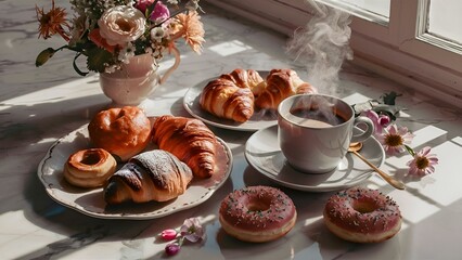 A picture-perfect scene of a cozy coffee and pastry setup on a marble surface. A steaming cup of coffee is accompanied by a variety of delicious-looking pastries, including croissants and doughnuts. F