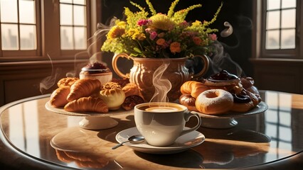 A picture-perfect scene of a cozy coffee and pastry setup on a marble surface. A steaming cup of coffee is accompanied by a variety of delicious-looking pastries, including croissants and doughnuts. F