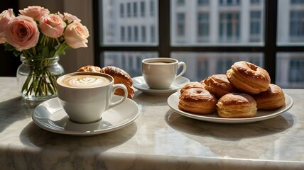 A picture-perfect scene of a cozy coffee and pastry setup on a marble surface. A steaming cup of coffee is accompanied by a variety of delicious-looking pastries, including croissants and doughnuts. F