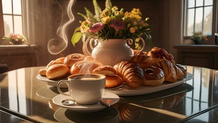 A picture-perfect scene of a cozy coffee and pastry setup on a marble surface. A steaming cup of coffee is accompanied by a variety of delicious-looking pastries, including croissants and doughnuts. F