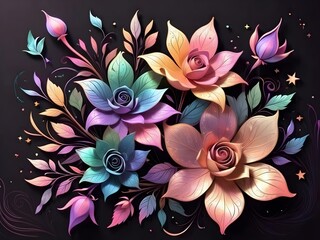 Generative AI. Background pattern Colorful flowers and stars