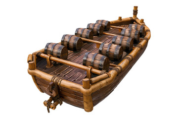 wooden raft with empty floating drums isolated on transparent background